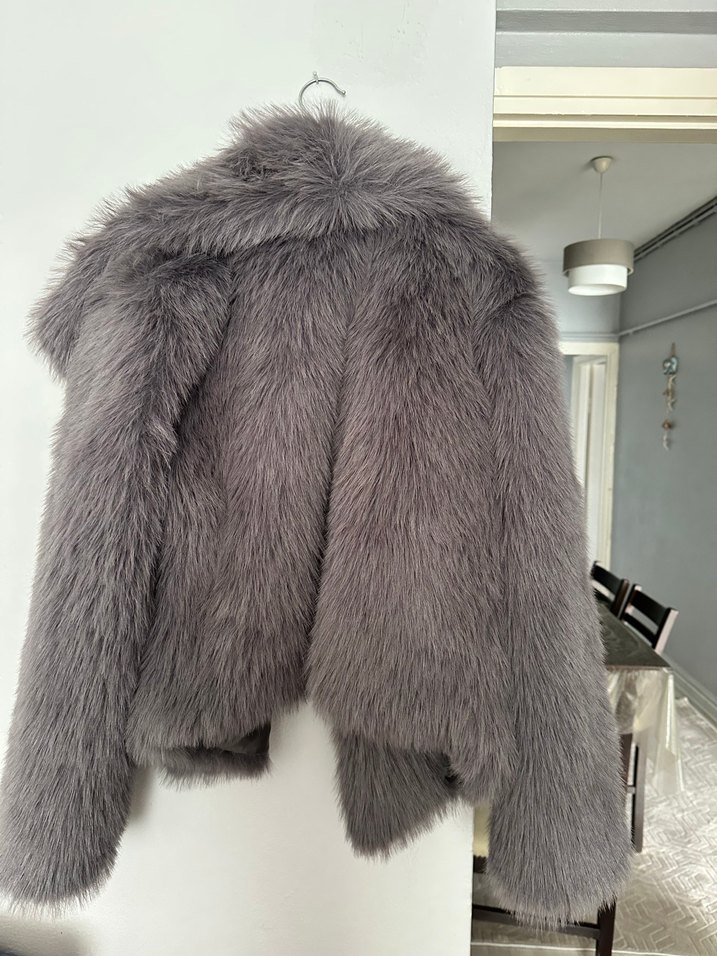 Gri Kadın Kürk Detaylı Midi Mont - Görsel 4