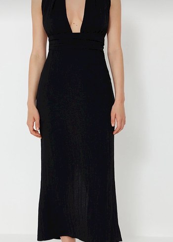 Siyah V Yaka Uzun Drapeli Elbise - Görsel 3