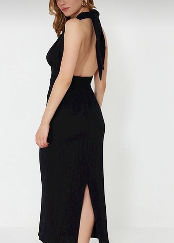 Siyah V Yaka Uzun Drapeli Elbise - Görsel 4