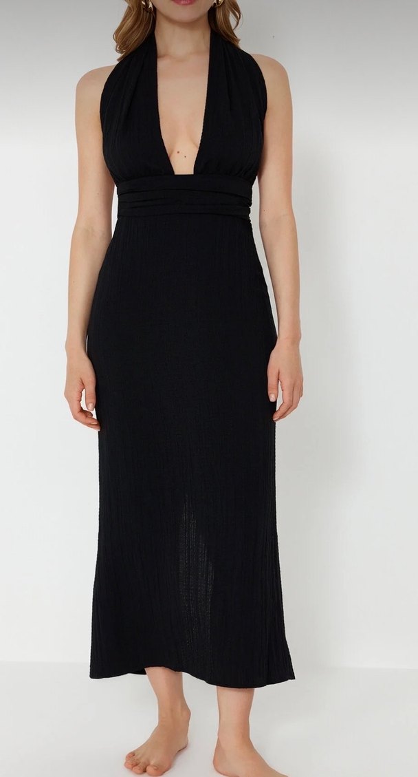 Siyah V Yaka Uzun Drapeli Elbise - Görsel 3