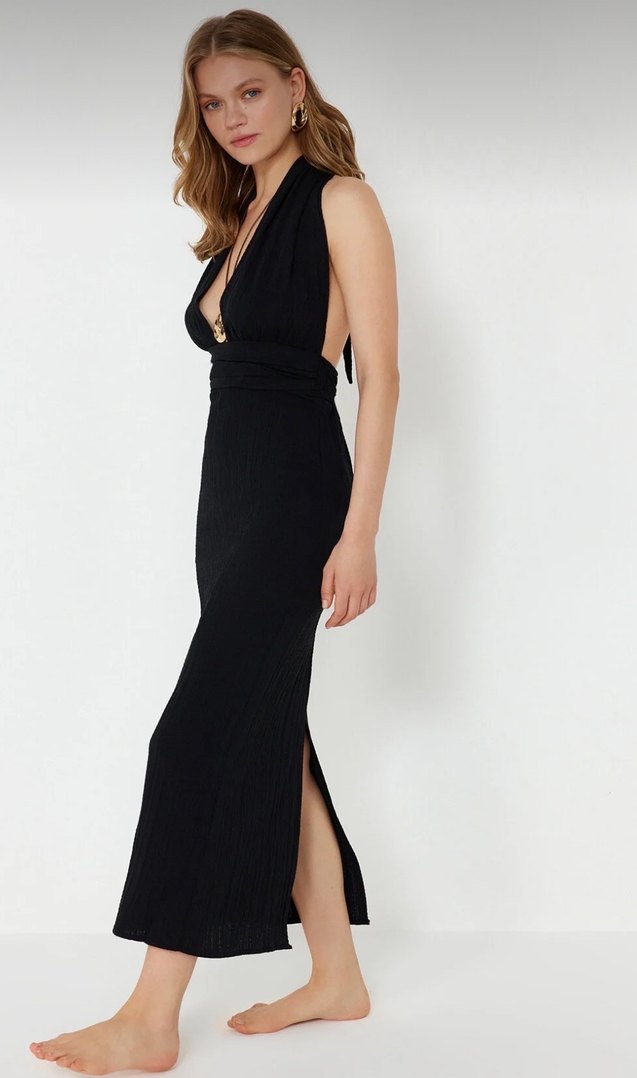 Siyah V Yaka Uzun Drapeli Elbise - Görsel 2