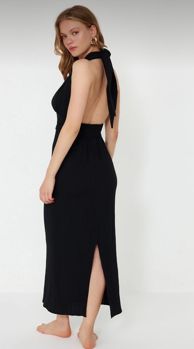 Siyah V Yaka Uzun Drapeli Elbise - Görsel 4