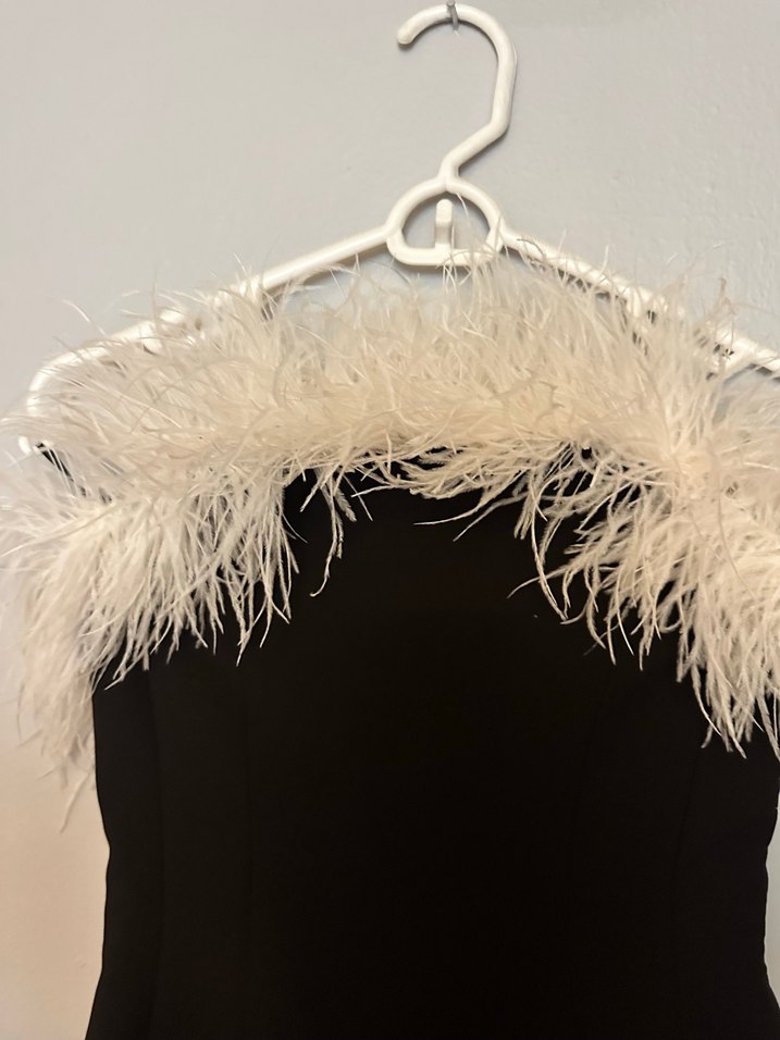 Otriş Tüy Detaylı Siyah Straplez Mini Elbise - Görsel 2