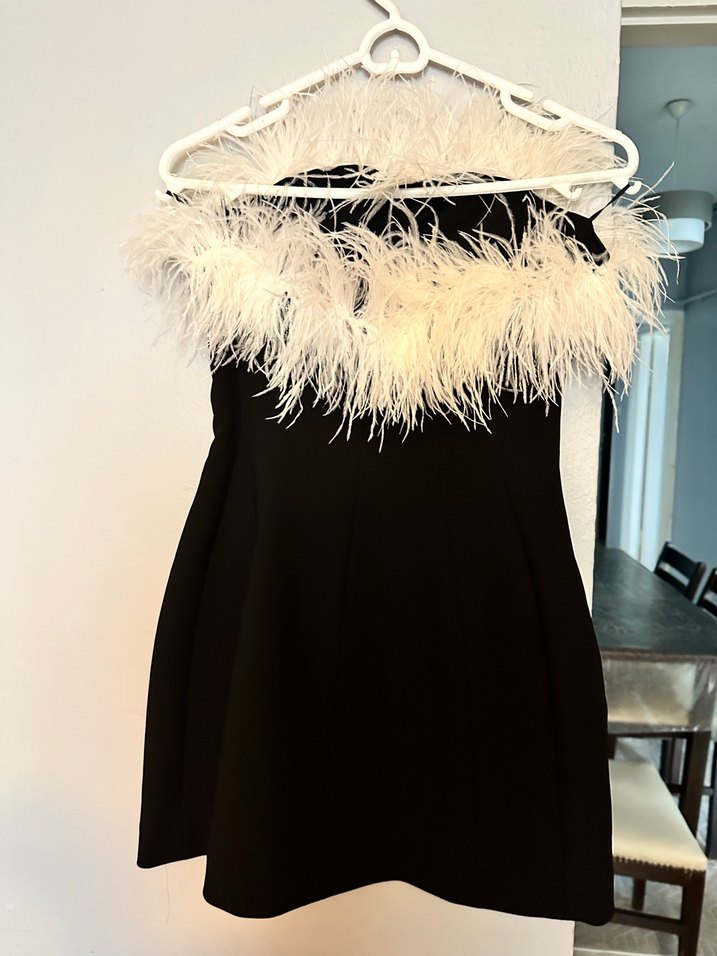 Otriş Tüy Detaylı Siyah Straplez Mini Elbise - Görsel 3