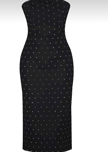 Siyah Taşlı Uzun Straplez Kalem Elbise - Görsel 4