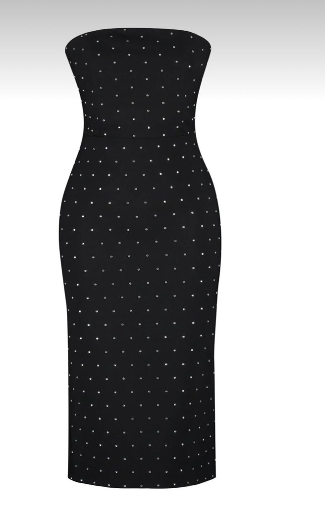 Siyah Taşlı Uzun Straplez Kalem Elbise - Görsel 4