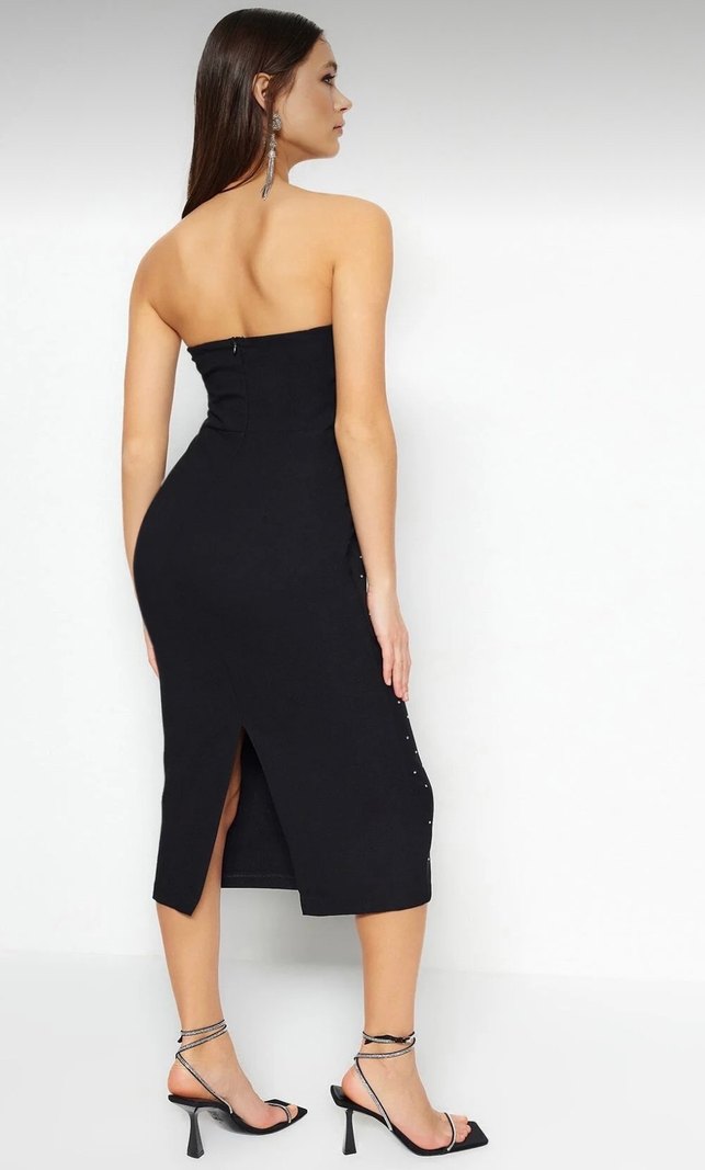 Siyah Taşlı Uzun Straplez Kalem Elbise - Görsel 3