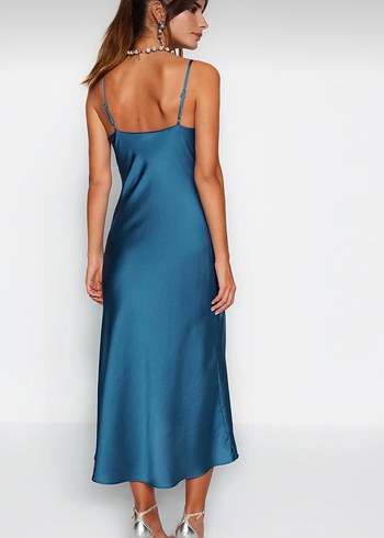 Kadın Petrol Saten Uzun Elbise - Görsel 4