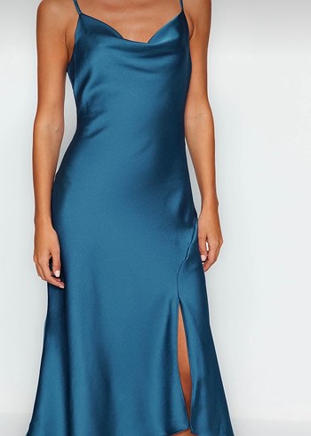 Kadın Petrol Saten Uzun Elbise - Görsel 3