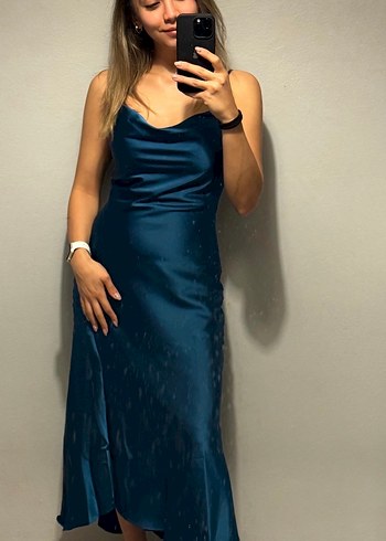 Kadın Petrol Saten Uzun Elbise - Görsel 5