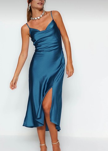 Kadın Petrol Saten Uzun Elbise - Görsel 2