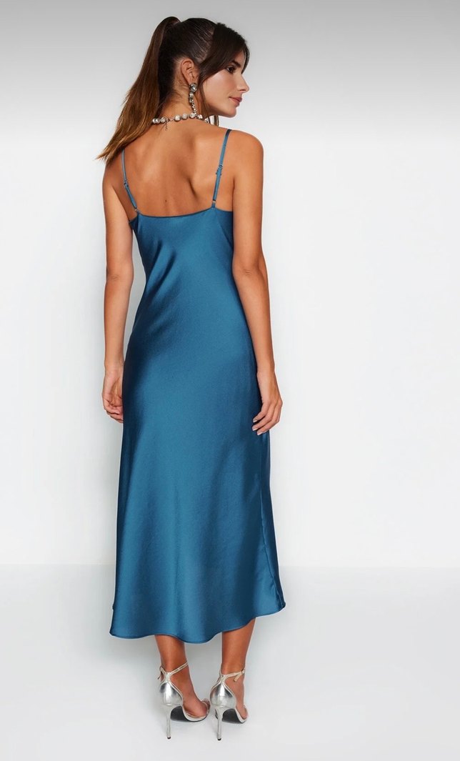 Kadın Petrol Saten Uzun Elbise - Görsel 4