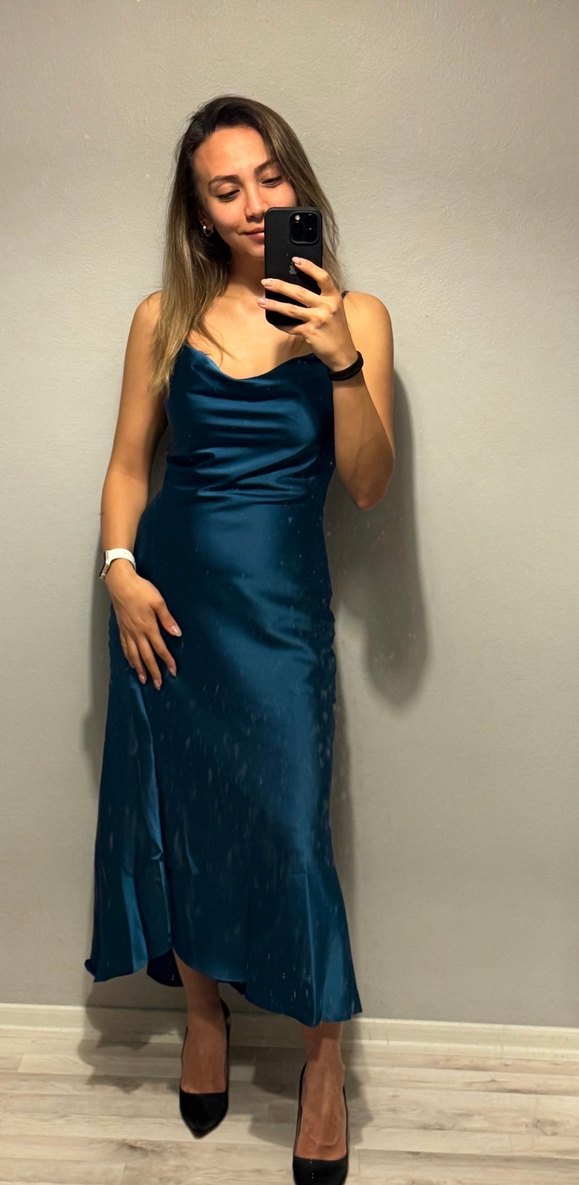 Kadın Petrol Saten Uzun Elbise - Görsel 5