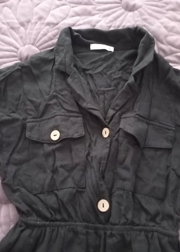 Kadın Siyah Keten Kısa Tulum - Görsel 3