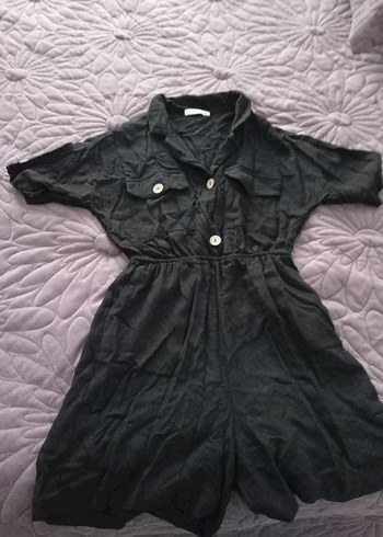 Kadın Siyah Keten Kısa Tulum - Görsel 2