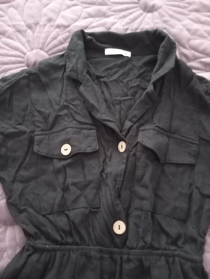 Kadın Siyah Keten Kısa Tulum - Görsel 3