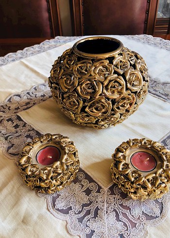 Altın Renkli Gül Desenli Mumluk Seti - Görsel 4