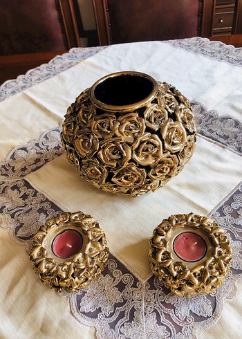 Altın Renkli Gül Desenli Mumluk Seti - Görsel 5