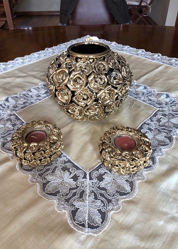 Altın Renkli Gül Desenli Mumluk Seti - Görsel 3