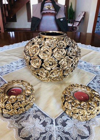 Altın Renkli Gül Desenli Mumluk Seti - Görsel 2