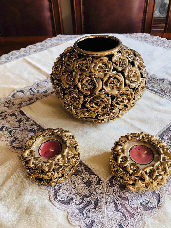 Altın Renkli Gül Desenli Mumluk Seti - Görsel 4