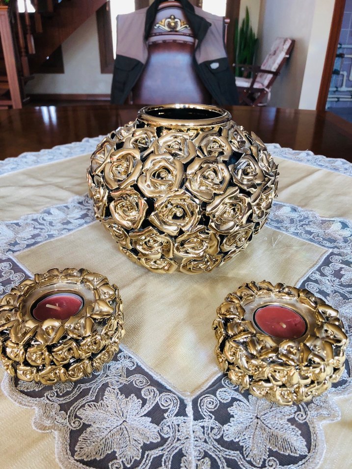 Altın Renkli Gül Desenli Mumluk Seti - Görsel 2