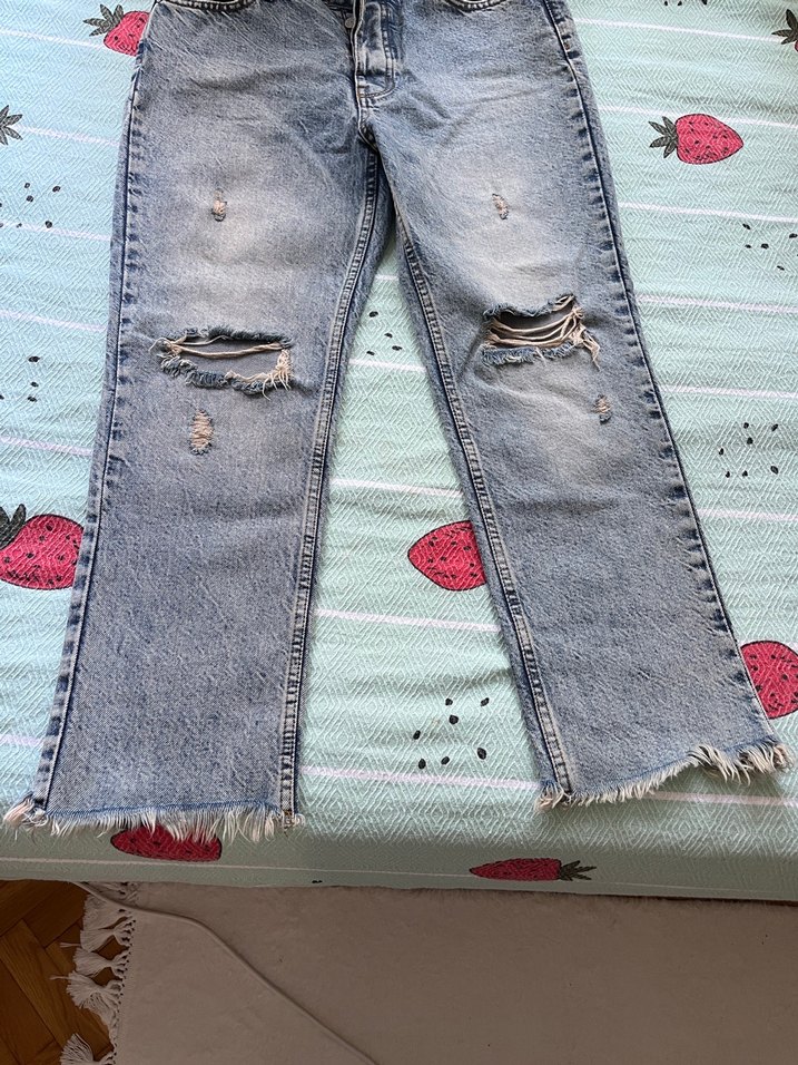 Gri Bağlama Desenli Bol Kesim Kadın Kot Pantolon - Görsel 2