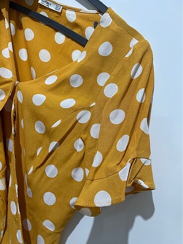 Bershka koyu sarı puantiyeli belden oturtmalı gömlek bluz - Görsel 2