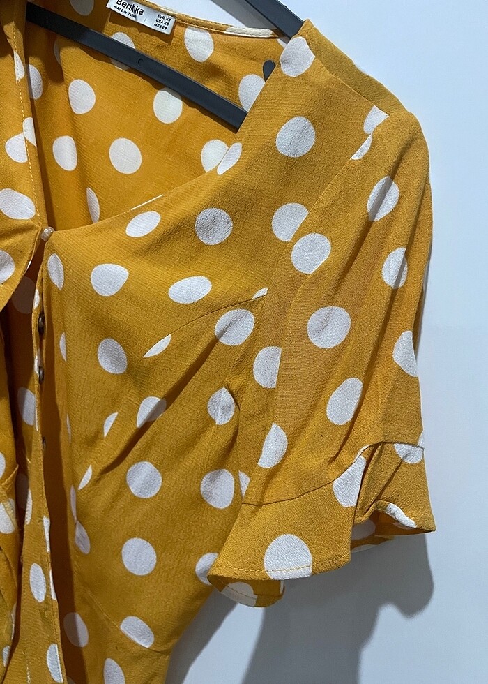 Bershka koyu sarı puantiyeli belden oturtmalı gömlek bluz - Görsel 2