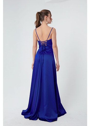 Parlak Mavi Drapeli Uzun Abiye Elbise - Görsel 5