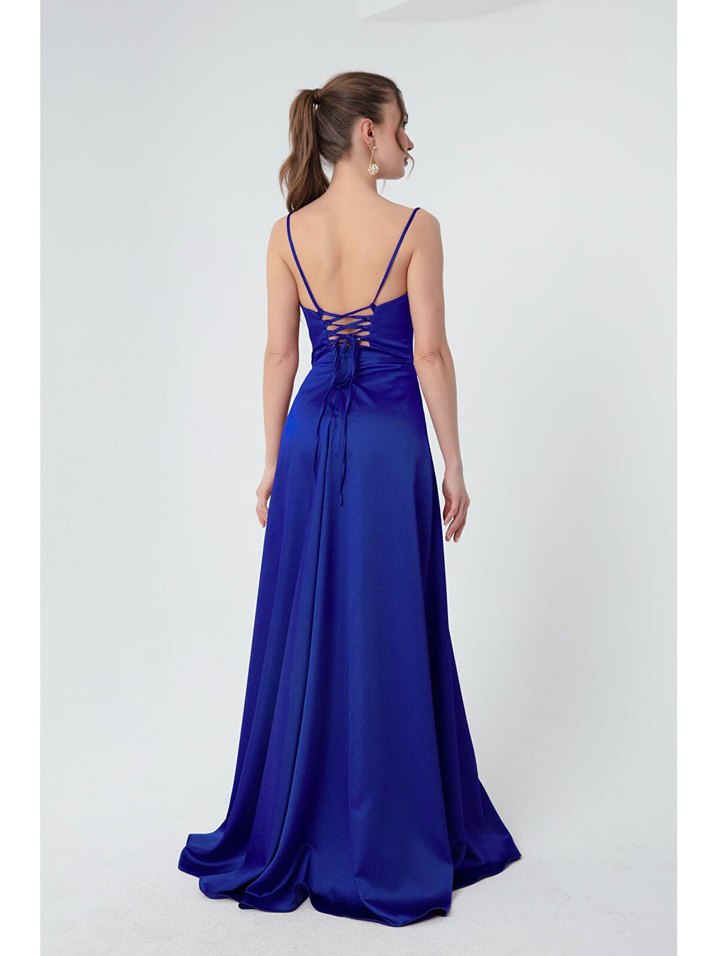 Parlak Mavi Drapeli Uzun Abiye Elbise - Görsel 5