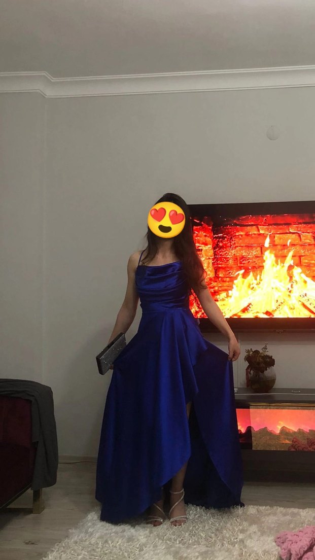 Parlak Mavi Drapeli Uzun Abiye Elbise - Görsel 4