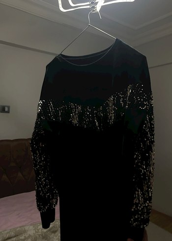 Uzun Kollu Drapeli Siyah Kadın Elbise - Görsel 4