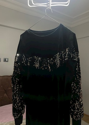 Uzun Kollu Drapeli Siyah Kadın Elbise - Görsel 3