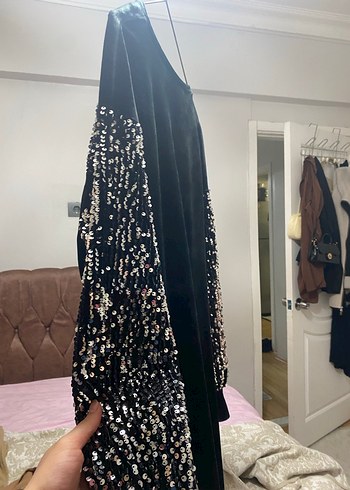 Uzun Kollu Drapeli Siyah Kadın Elbise - Görsel 2