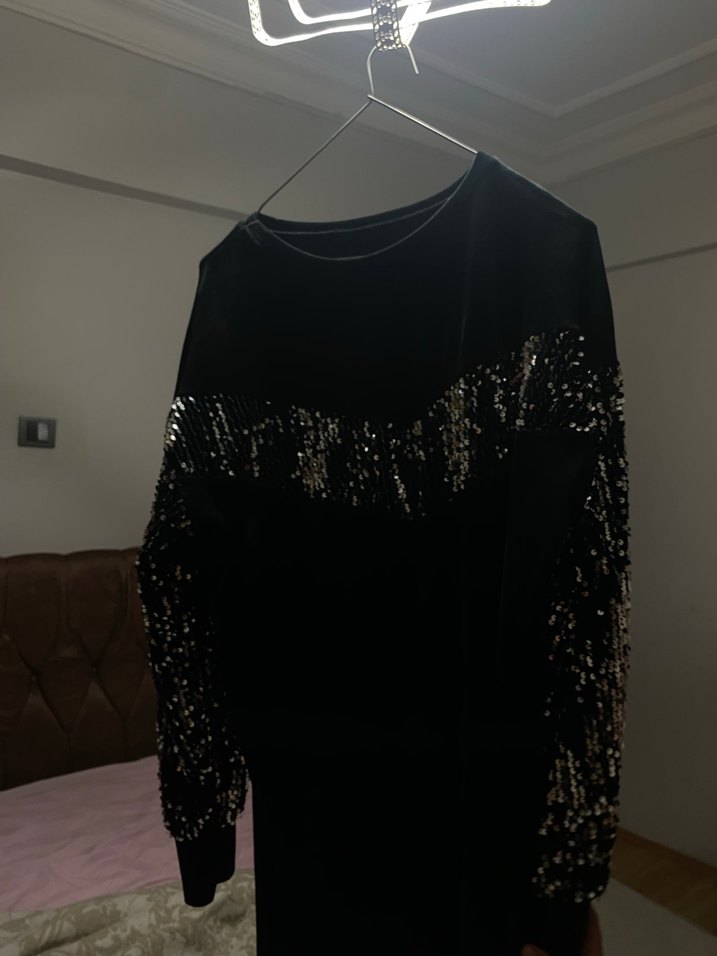 Uzun Kollu Drapeli Siyah Kadın Elbise - Görsel 4