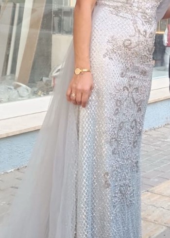 Gri İşlemeli Drapeli Uzun Abiye Elbise - Görsel 5