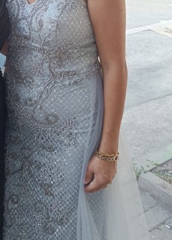 Gri İşlemeli Drapeli Uzun Abiye Elbise - Görsel 2