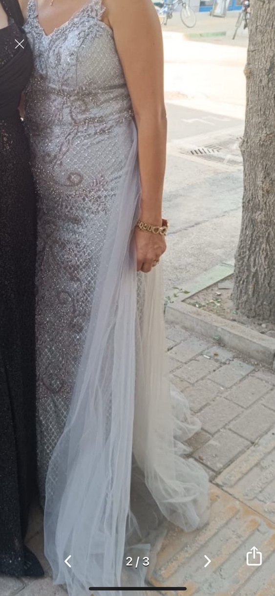 Gri İşlemeli Drapeli Uzun Abiye Elbise - Görsel 4