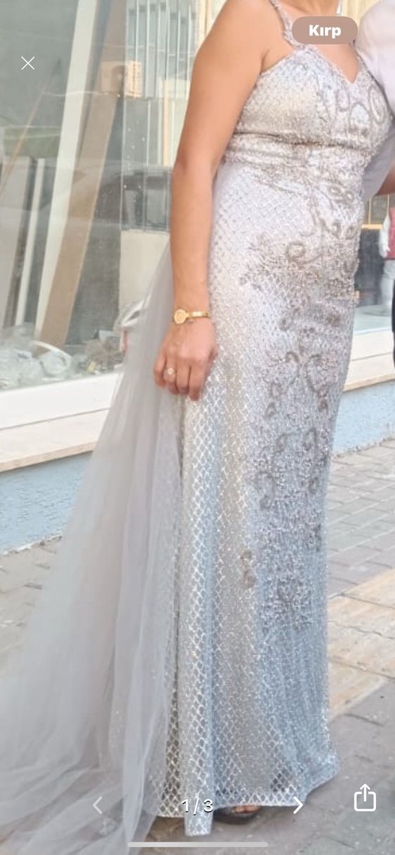 Gri İşlemeli Drapeli Uzun Abiye Elbise - Görsel 5