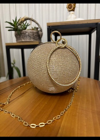 Altın Renkli Boncuk İşlemeli Yuvarlak Kadın çanta - Görsel 5