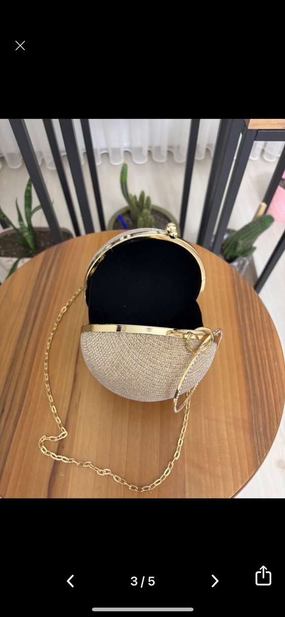 Altın Renkli Boncuk İşlemeli Yuvarlak Kadın çanta - Görsel 4