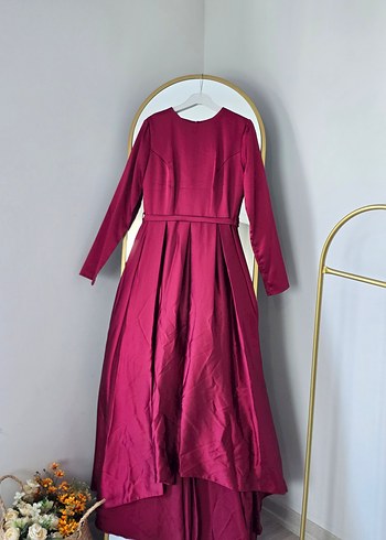 Bordo Uzun Drapeli Kadın Abiye Elbise - Görsel 4