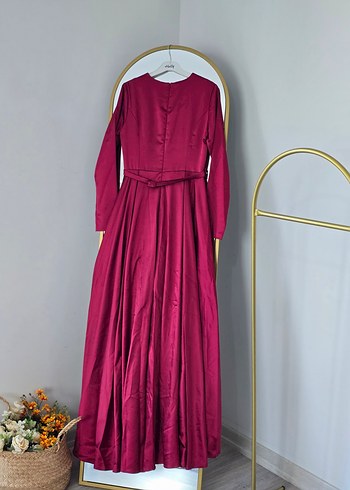 Bordo Uzun Drapeli Kadın Abiye Elbise - Görsel 3