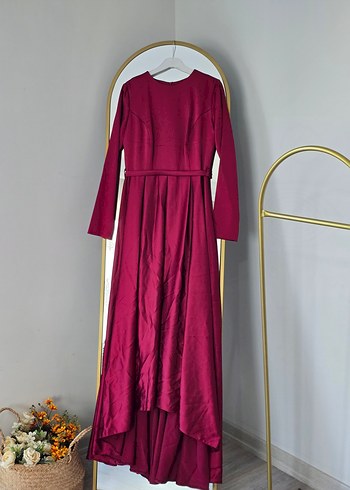 Bordo Uzun Drapeli Kadın Abiye Elbise - Görsel 2