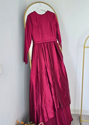 Bordo Uzun Drapeli Kadın Abiye Elbise - Görsel 5