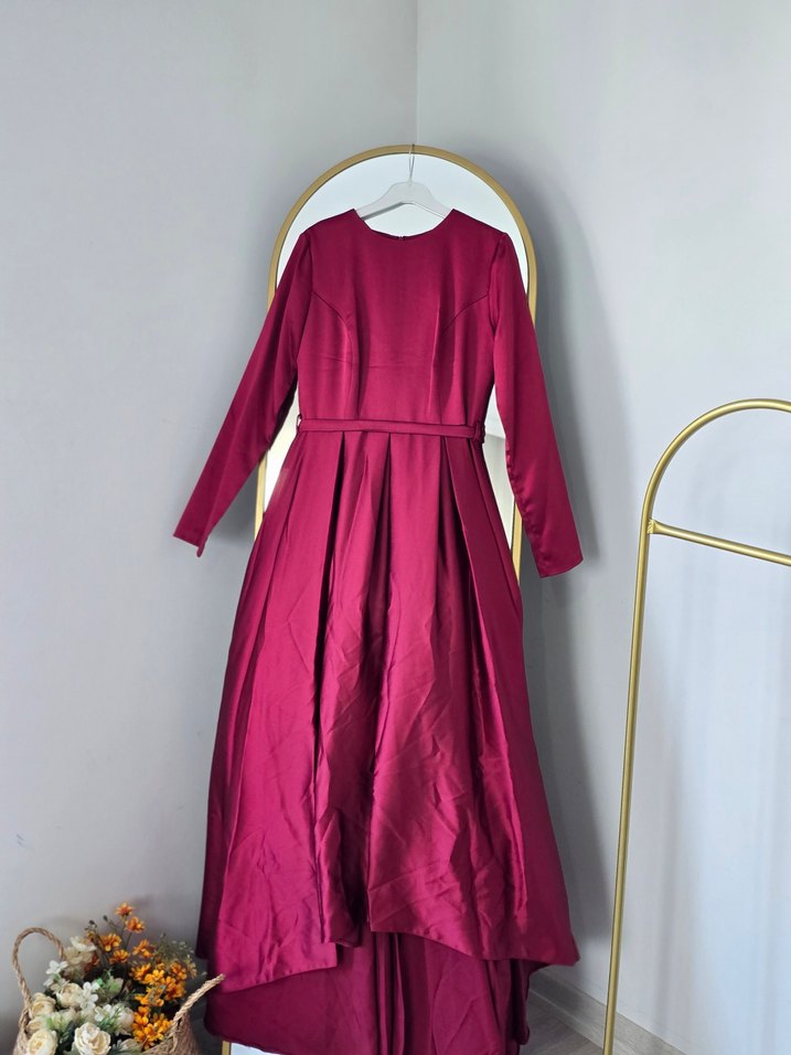 Bordo Uzun Drapeli Kadın Abiye Elbise - Görsel 4