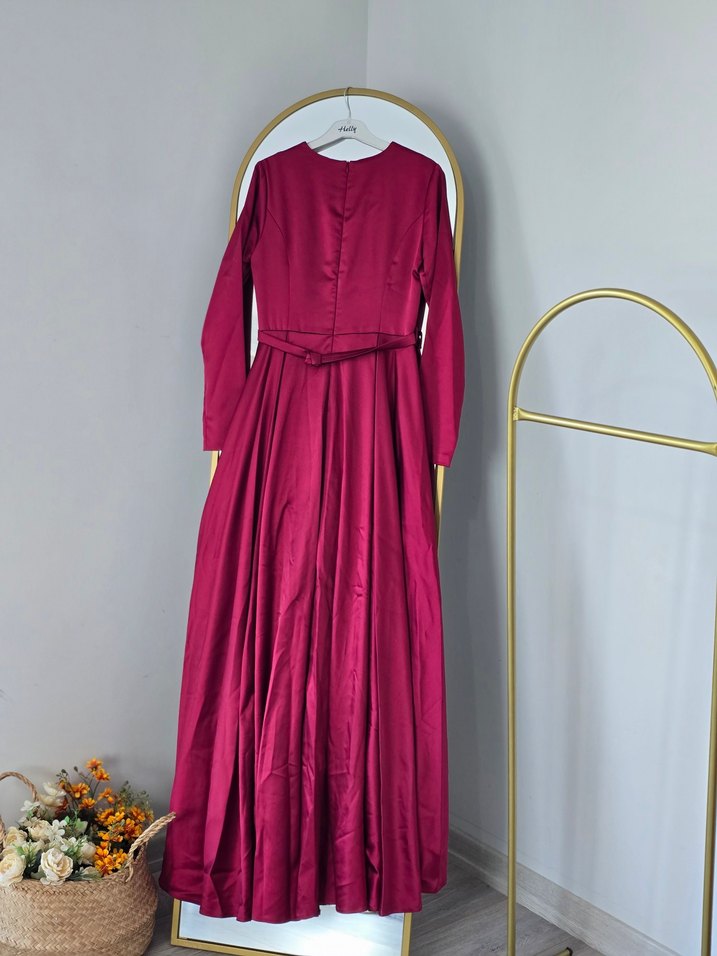 Bordo Uzun Drapeli Kadın Abiye Elbise - Görsel 3