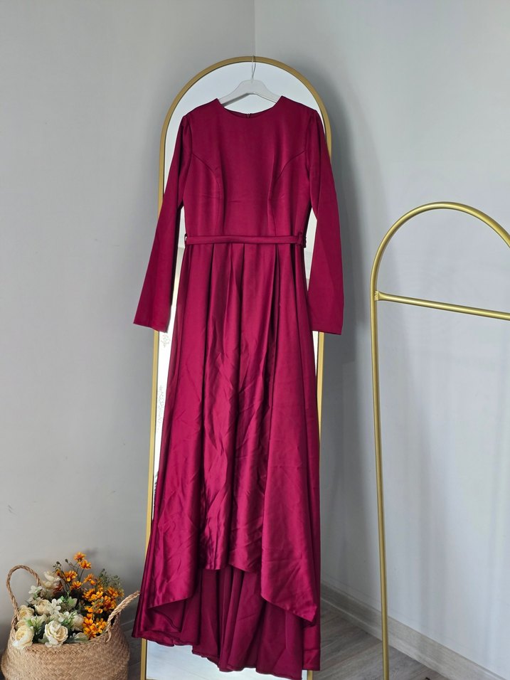 Bordo Uzun Drapeli Kadın Abiye Elbise - Görsel 2