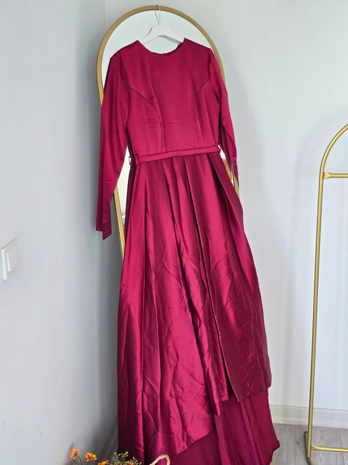 Bordo Uzun Drapeli Kadın Abiye Elbise - Görsel 5